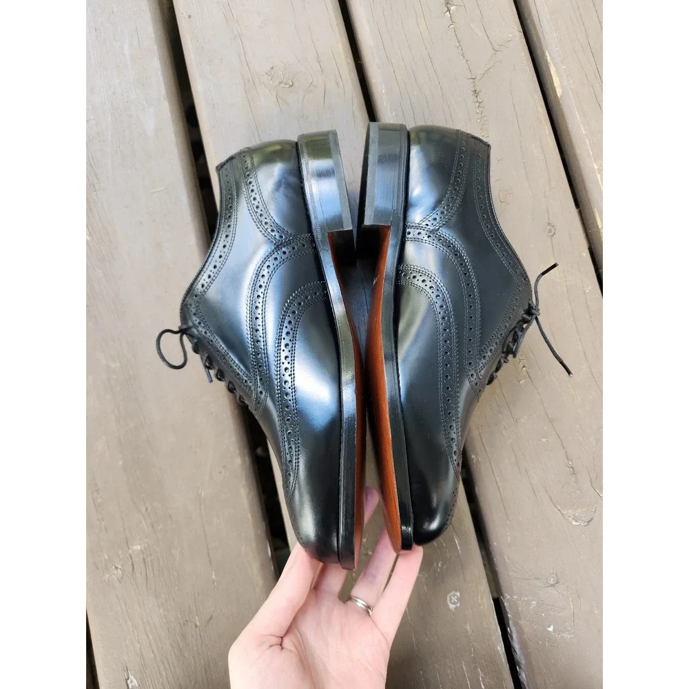 Vintage 80s Florsheim Wingtip Oxfords Black Leather Brogue Dress Shoes 8 3E Wide